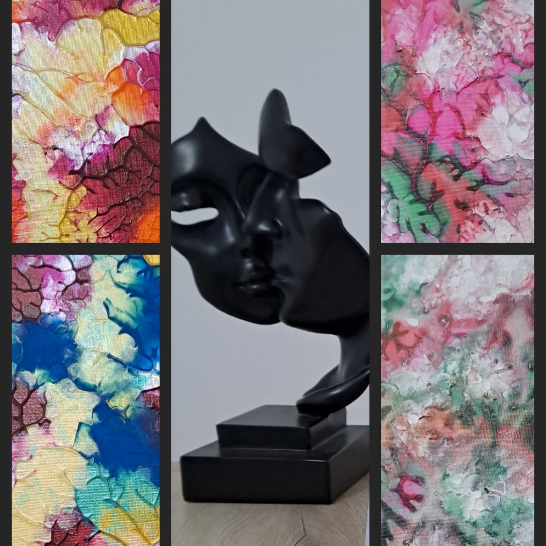 Echantillons de textures et nervures sur œuvres acryliques lumineuses et colorées Effets de textures et nervures sur toiles acryliques colorées,