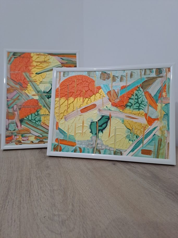 "Energie tropicale " Deux illustrations colorées avec des motifs géométriques et des paysages stylisés.