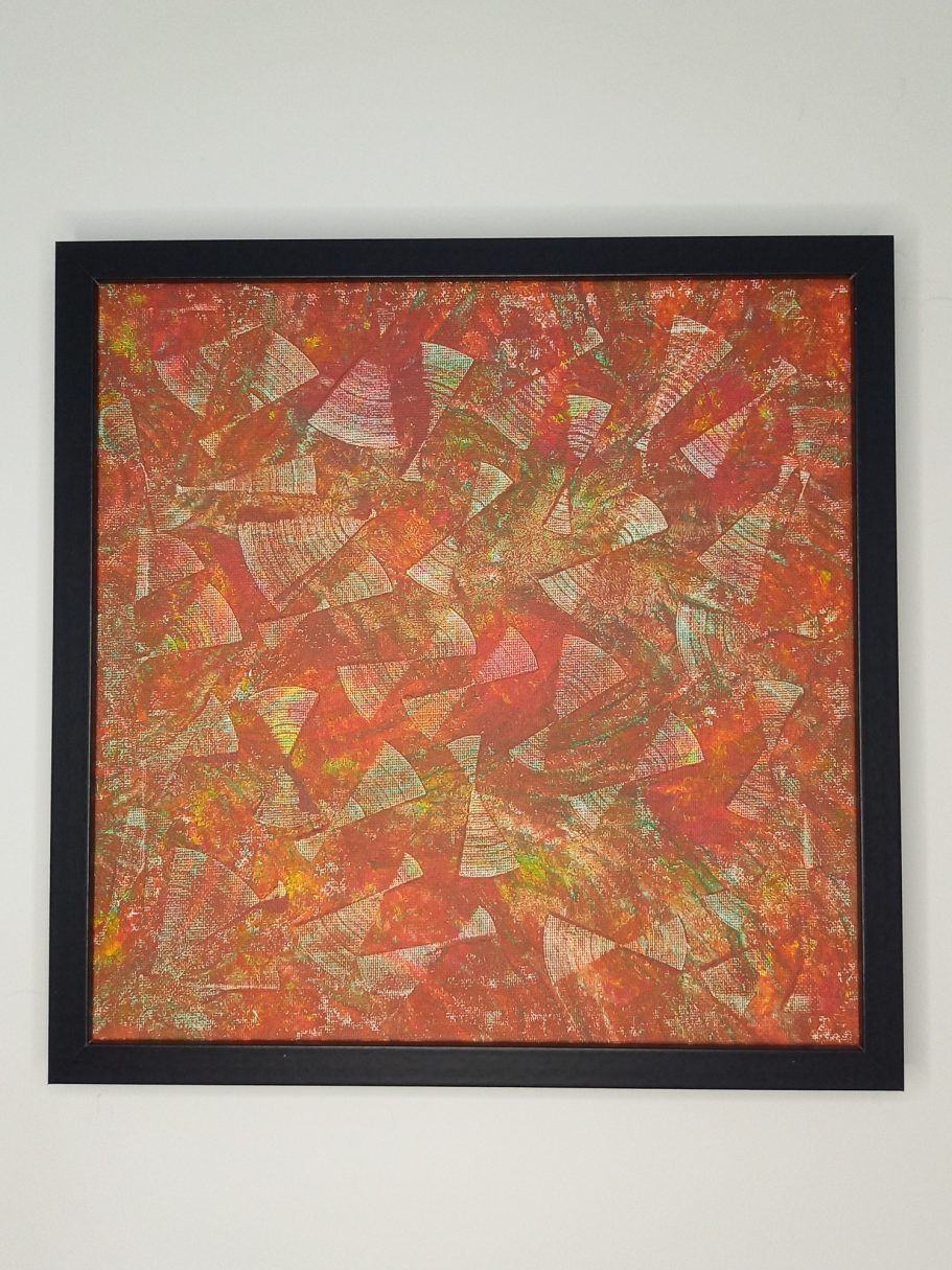 "trace originelle" Composition abstraite aux formes triangulaires aux teintes rouges et oranges.