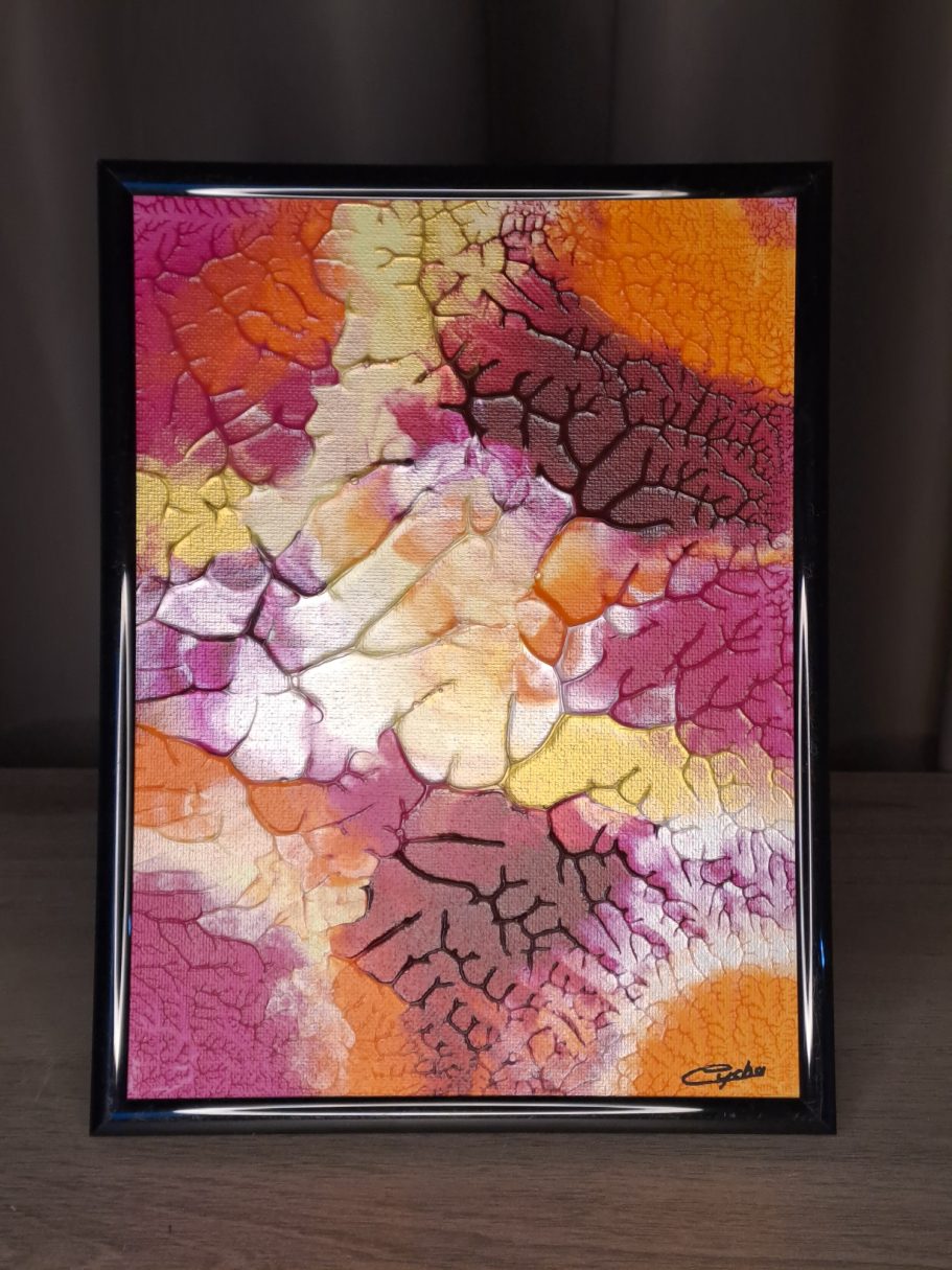 " Aurore tropicale V2" Peinture abstraite aux couleurs vives : orange, rose, jaune avec des motifs texturés.