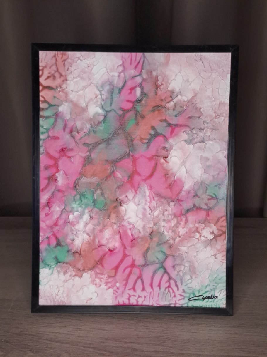 "Ether rosé V2" Peinture abstraite aux motifs floraux dans des tons de rose et vert.