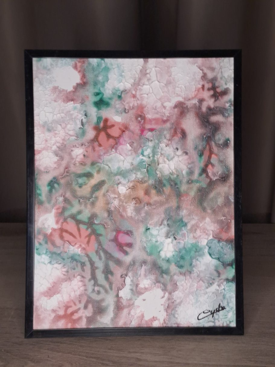 "Nébuleuse rose verte V2" Abstraction colorée aux nuances de rose, vert et blanc, avec des textures fluides.