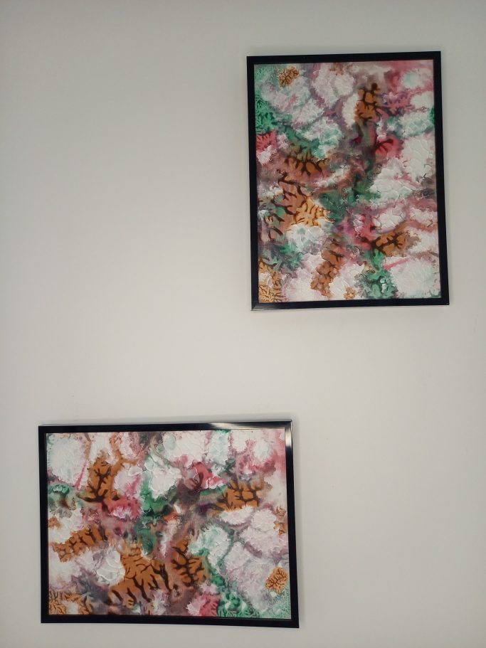 " Floraison antique " Deux tableaux colorés aux motifs abstraits, encadrés et accrochés au mur.