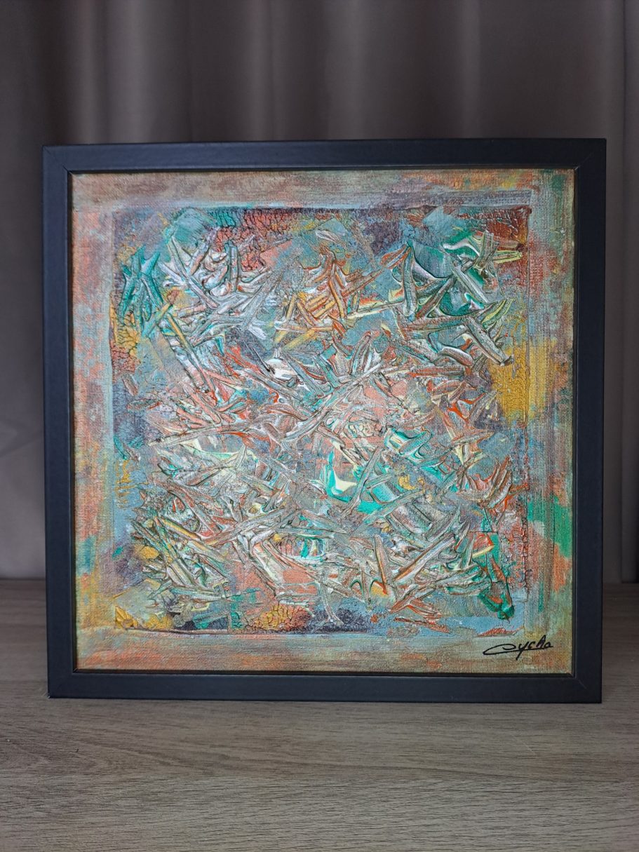 "Sous la terre la lumière" Composition abstraite aux couleurs vives, avec des lignes et des formes dynamiques.