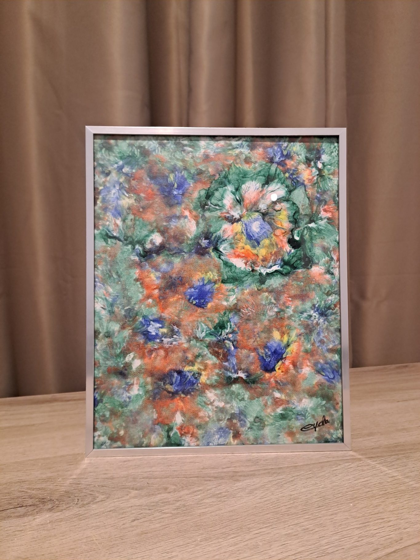 "Terre en fleurs" Peinture abstraite colorée avec des fleurs et un fond texturé.