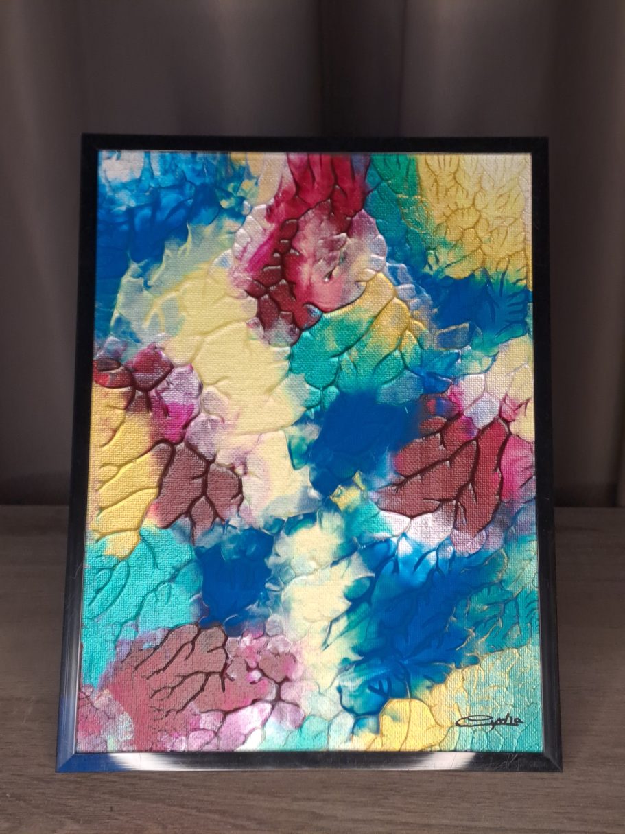 "Rêve pigmenté V2" Peinture abstraite aux couleurs vives : rouges, bleus, jaunes et verts.